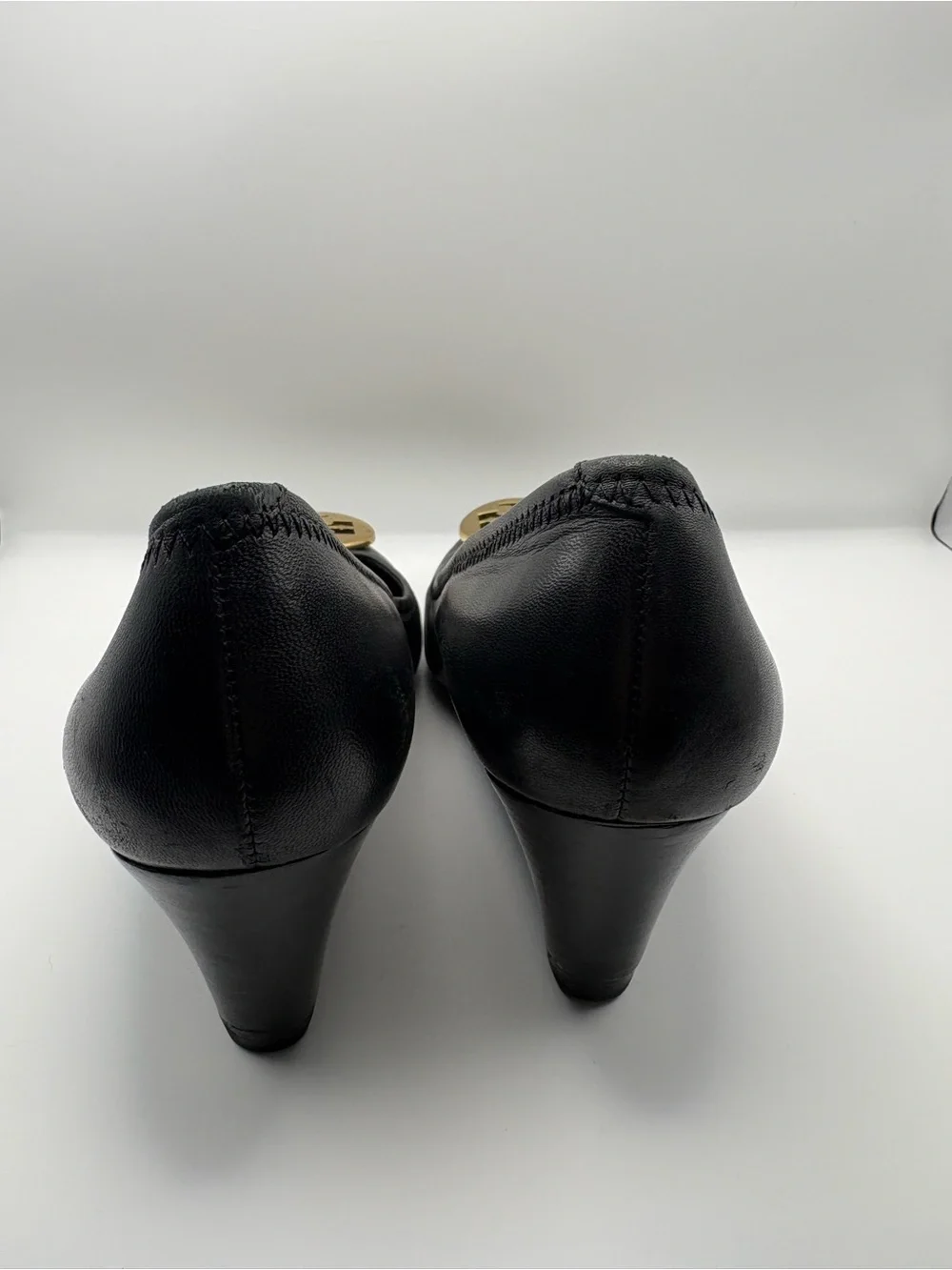 Tory Burch Black Leather Heels with Gold Logo Medallion